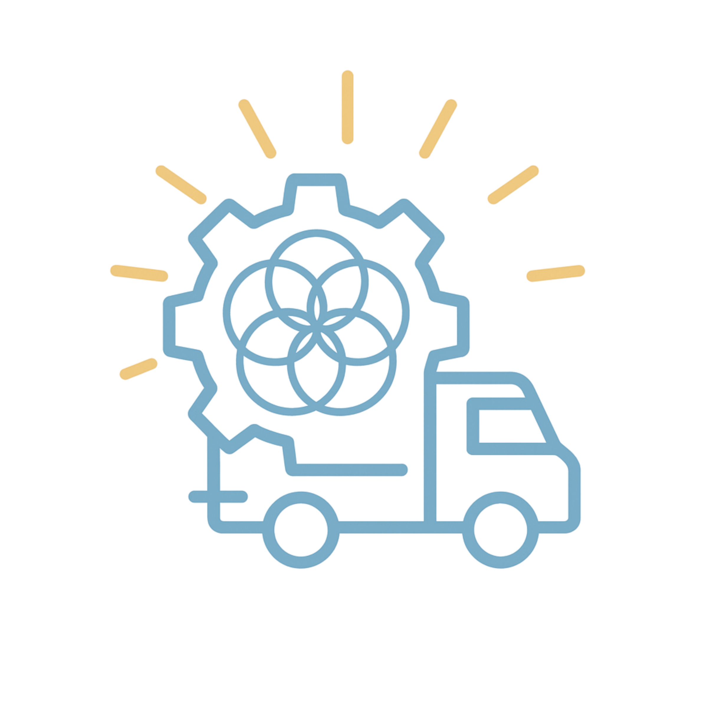 A digital icon of a delivery truck with a gear and a network symbol on the side, representing logistics and supply chain technology.