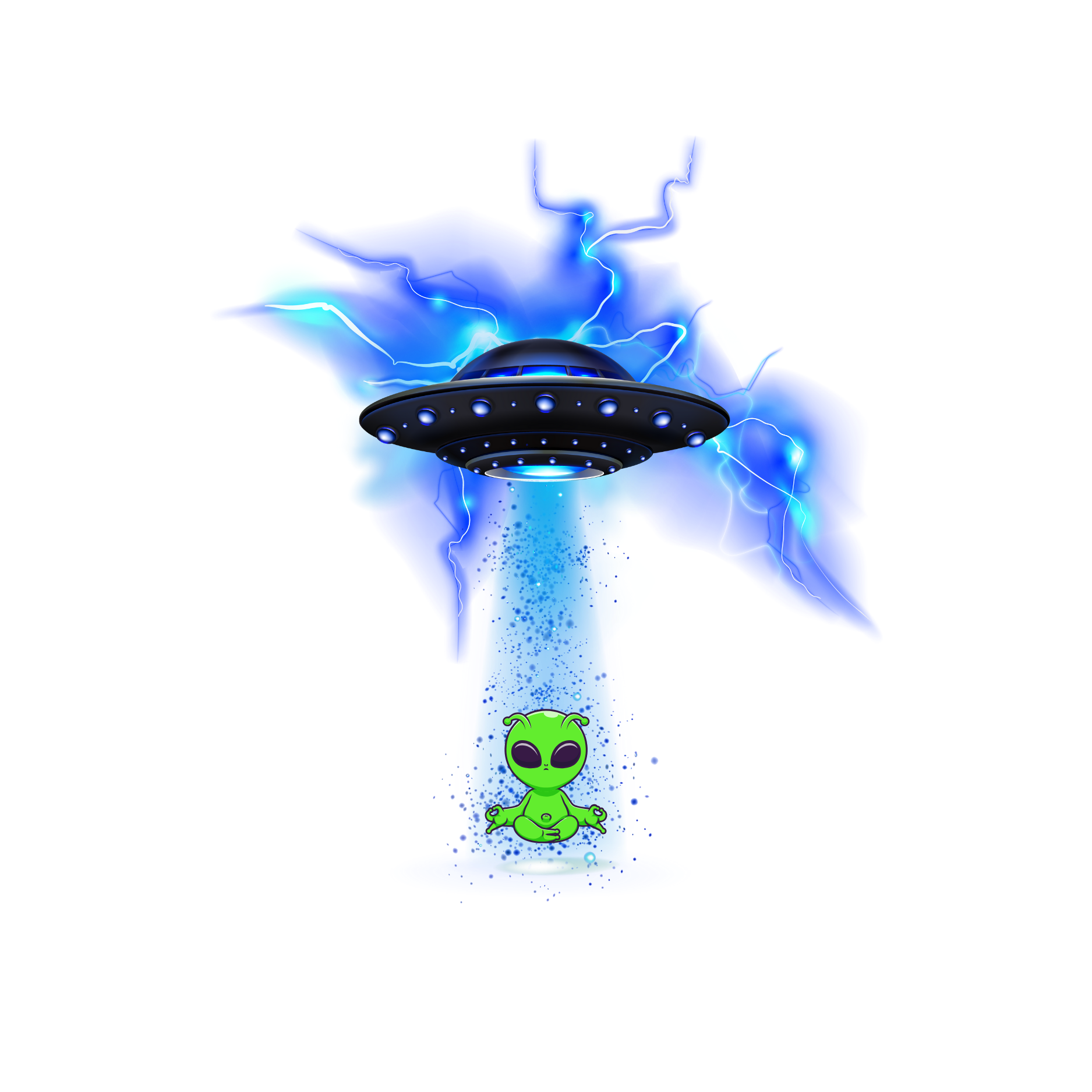 A UFO emitting blue lightning and beam of light onto a small green alien sitting on the ground.