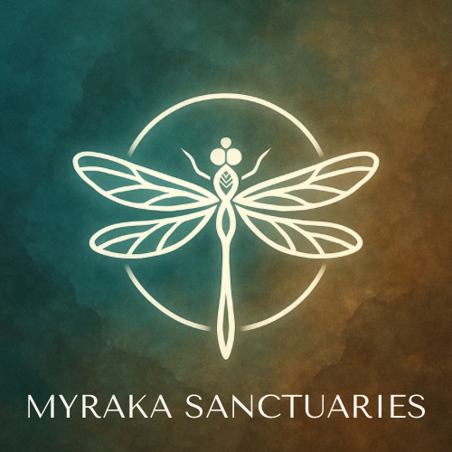Minimalist white dragonfly logo with a circle in the background, for Myraka Sanctuaries, against a textured green and brown gradient background.