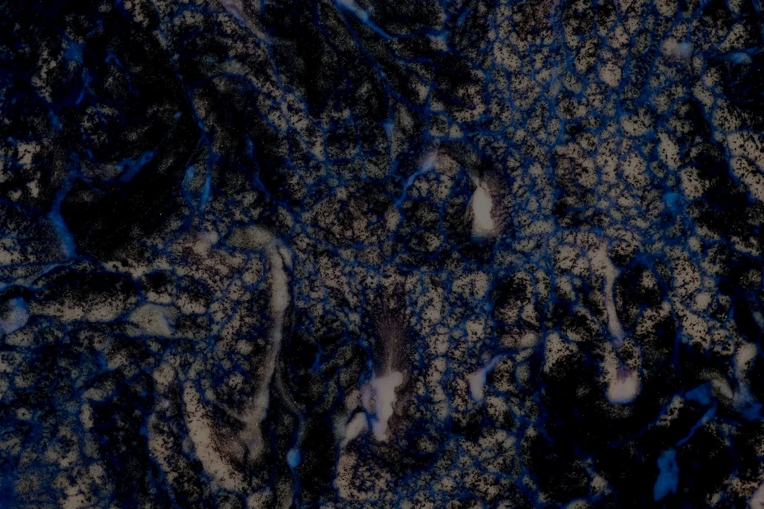 An abstract textured image with a dark background and blue and beige marbled patterns.
