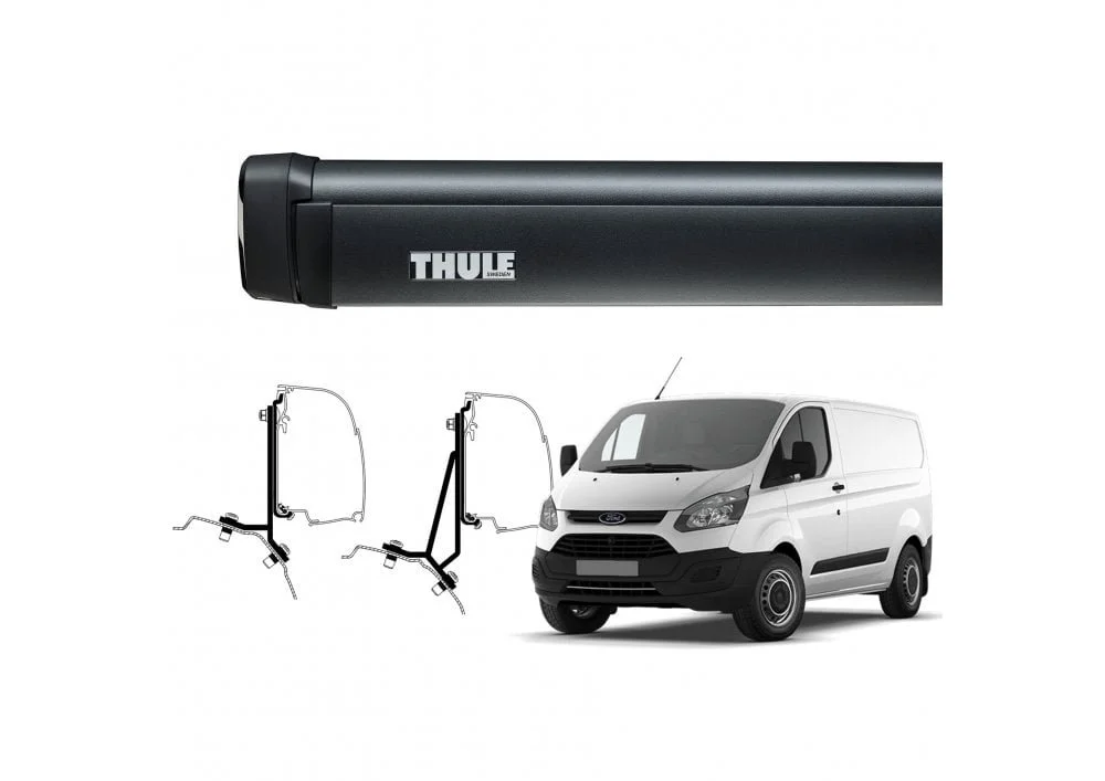 Thule roof rack crossbar with mounting hardware, a white cargo van, and wire harness diagrams for vehicle installation.