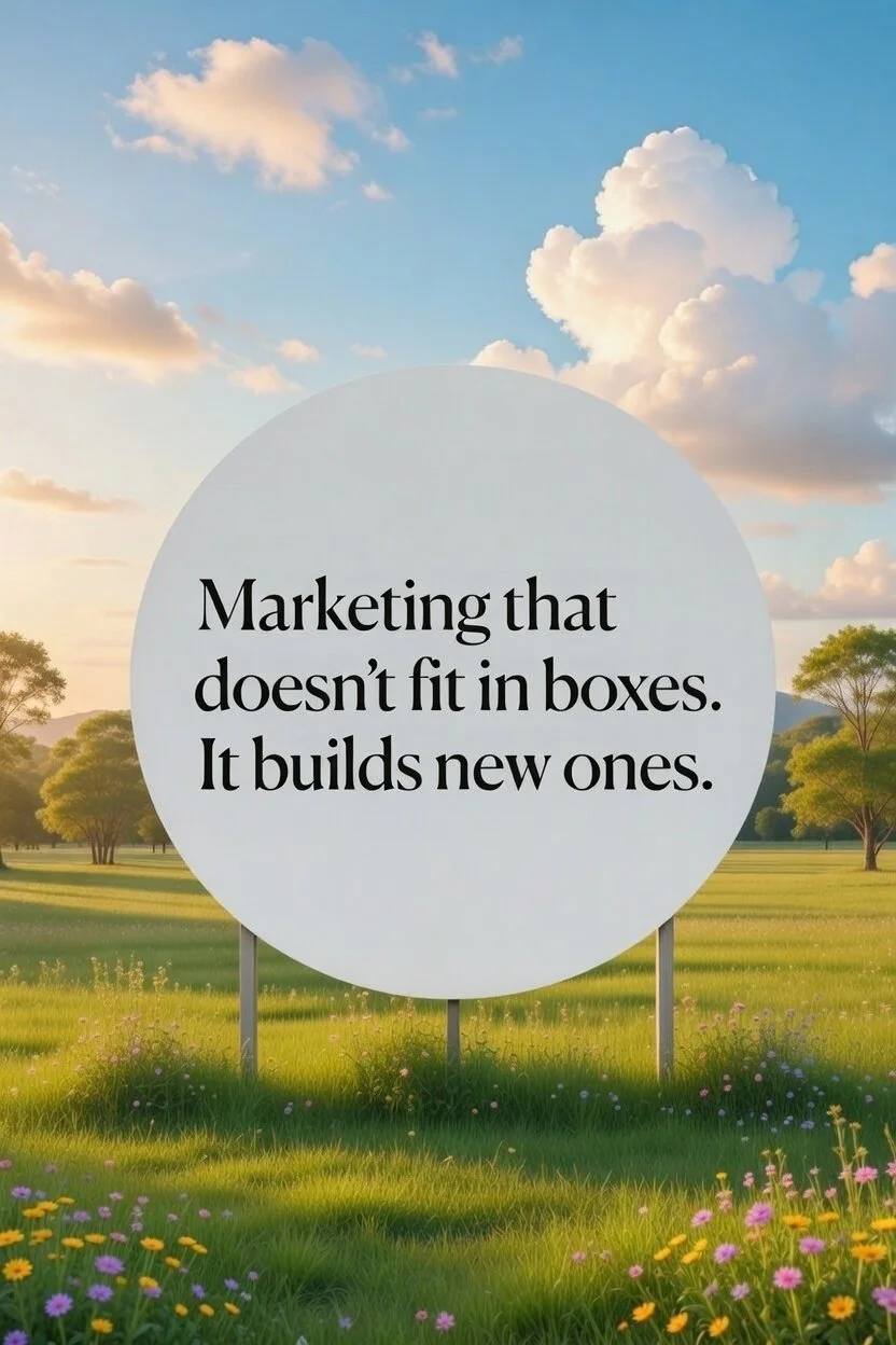 A large white circular sign with black text standing in a grassy field with flowers and trees, under a partly cloudy sky. The sign reads: 'Marketing that doesn't fit in boxes. It builds new ones.'
