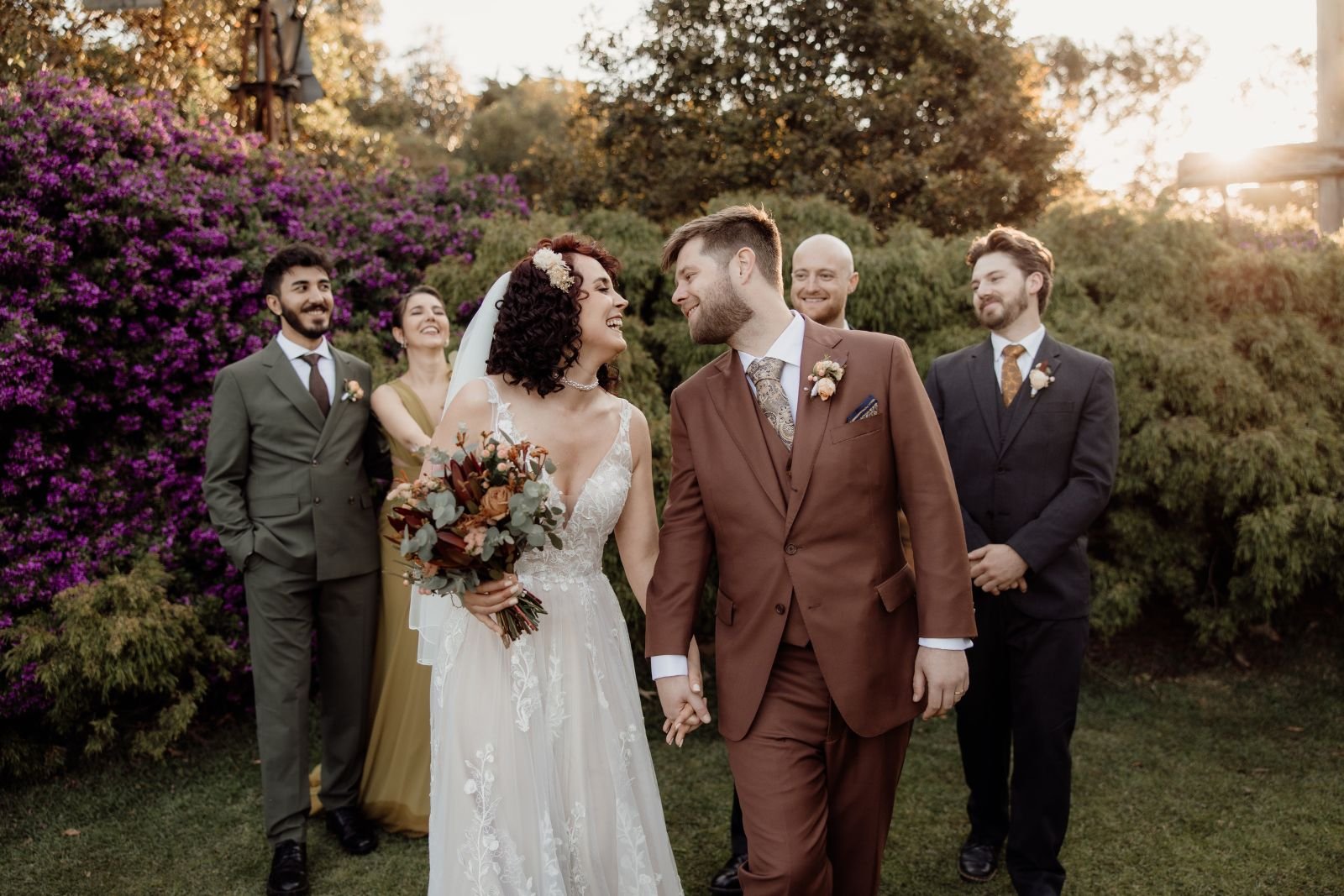 wedding party fun at The Billabong over golden hour at The Shearing Shed - Melbourne