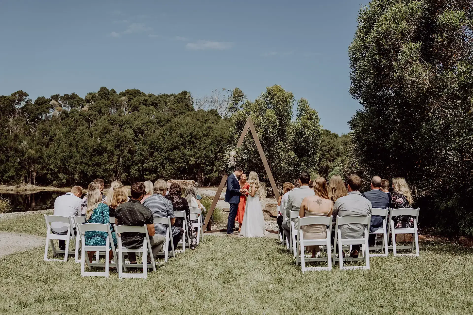 A Melbourne couple getting married in the outdoor ceremony space called The Billabong at The Shearing Shed Phillip Island. To be followed by a reception at the same venue