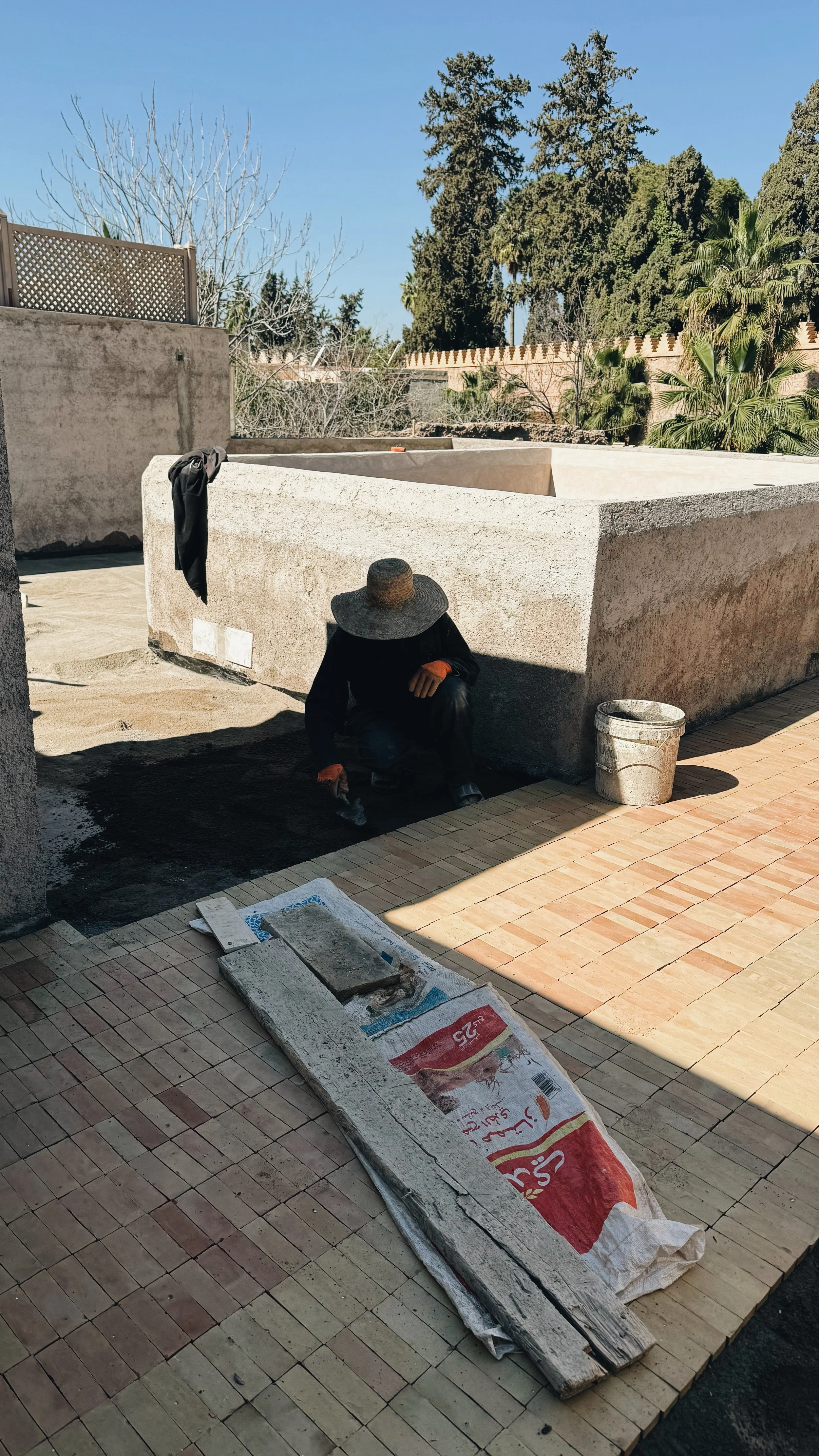 02/2026: The laying of the Bejmat tiles has started on the terrace.