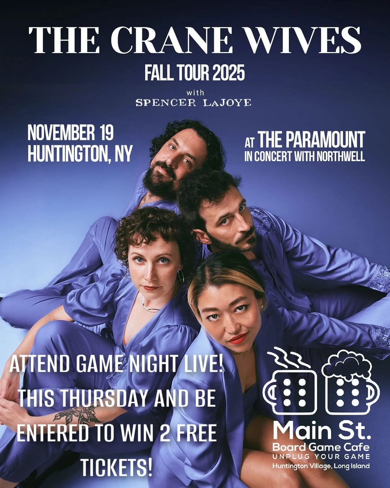 Come to Game Night Live Tony and win tickets to see The Crane Wives at The Paramount!

#mainstboardgamecafe #flgs #Unplugyourgame #screenfreekids #familyfun #nassaucounty #suffolkcounty #boardgames #huntington #huntingtonny #huntingtonvillage #longis