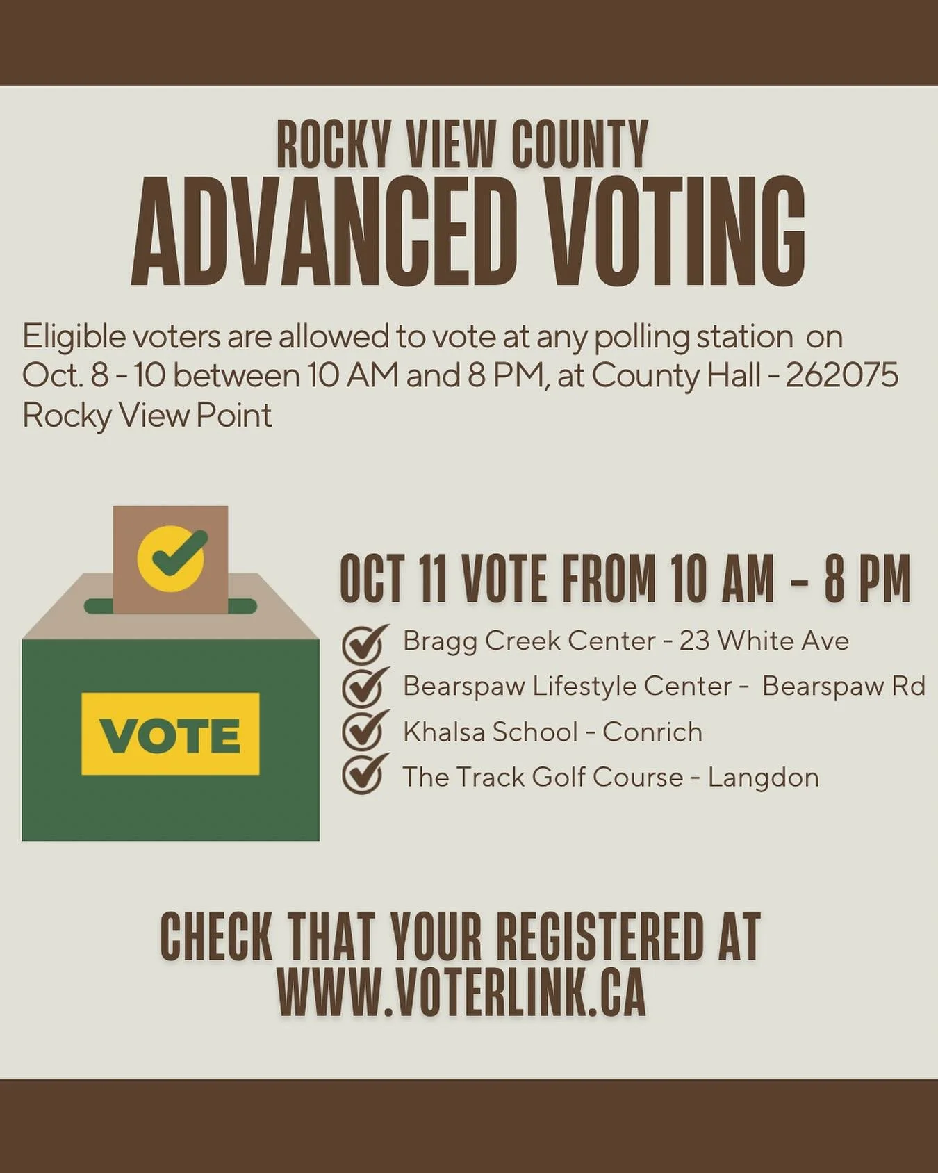 While election day is on Oct 20, if you’re going to be away you can always vote in the advanced polls. Visit www.bev4div2.com for more information. #bev4div2 #rockyview #rockyviewcounty #election #jumpingpound #harmony #rootedincommunity