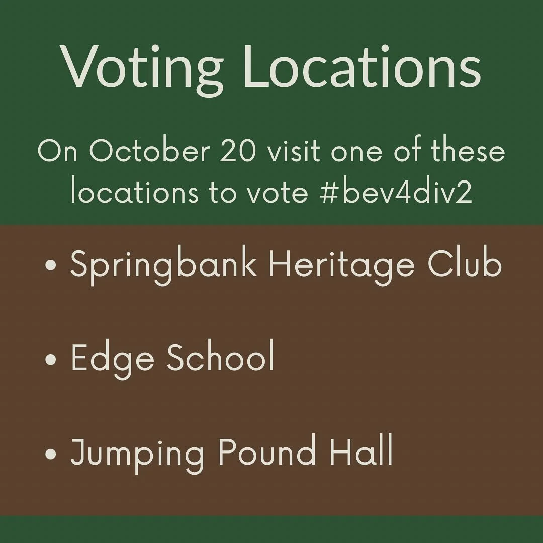 The polling stations for Division 2 have been announced. On Oct 20th you can head to the Springbank Heritage Club, Edge School, or Jumping Pound Hall to vote for a perspective that is rooted in community. Swipe to see the full address for each statio
