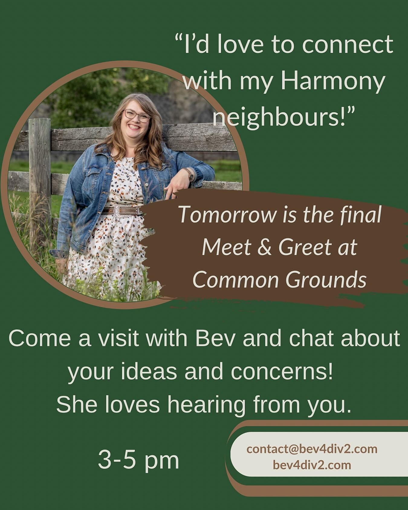 Final coffee shop meet and greet tomorrow from 3-5! I have been to a lot of doors&hellip;more than 1600, but I&rsquo;ve missed some of you and I&rsquo;d love to chat and catch up tomorrow in Harmony!
#rootedincommunity #bev4div2 #vote4bev #change #ro