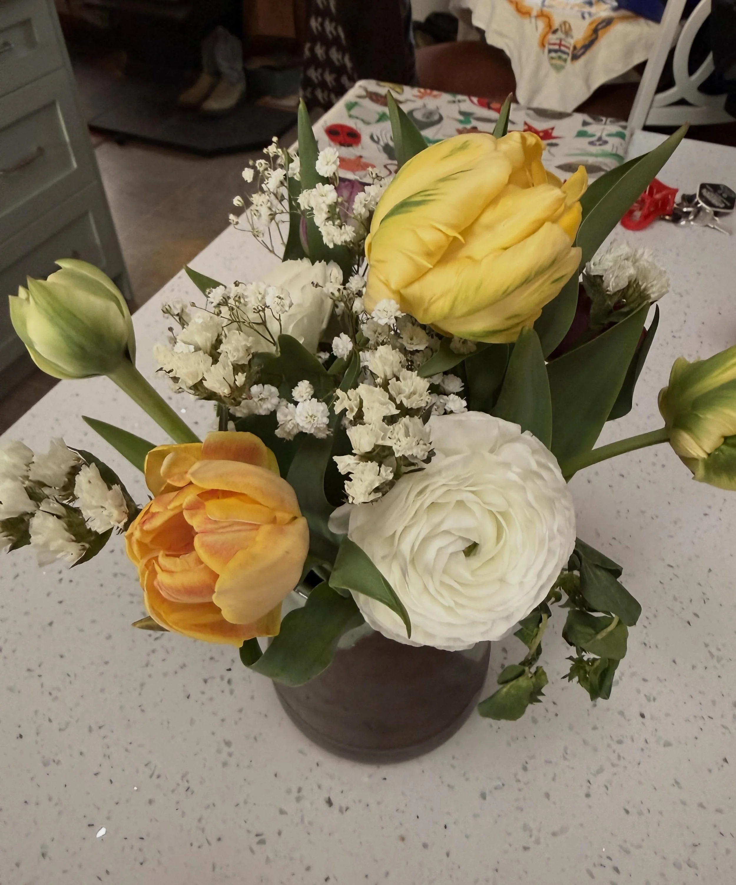 We have a great local flower farm in west Springbank, Flora Mystica. Pauline and Ryan grow so many lovely things and I feel l lucky to have some of her first tulips of the season! She provides  lovely arrangements throughout the summer. Check out her
