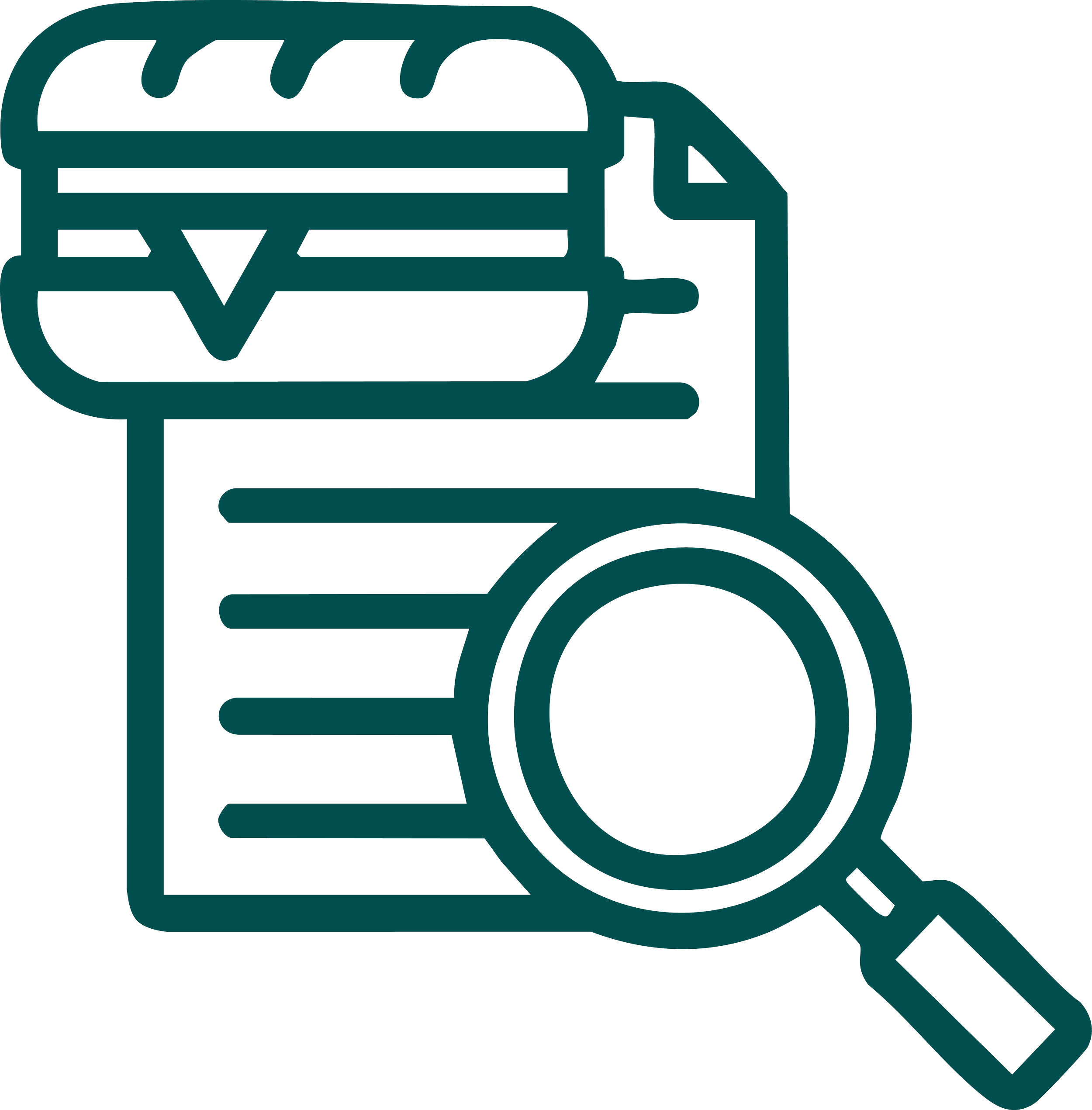 Outline icon of a document with lines of text, a hamburger sandwich, and a magnifying glass.