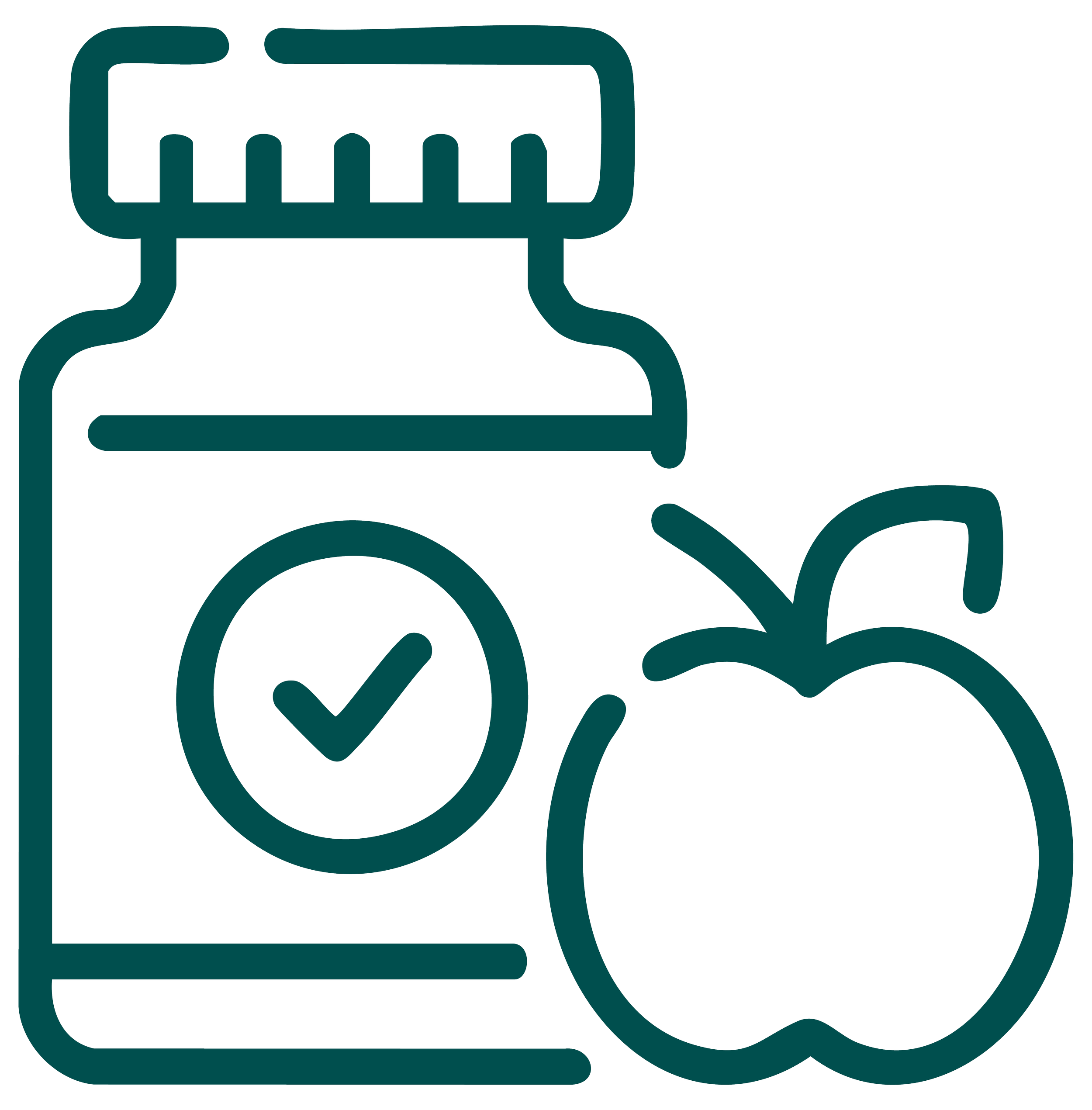 Line drawing of a medicine bottle with a checkmark on its label, and an apple next to it.