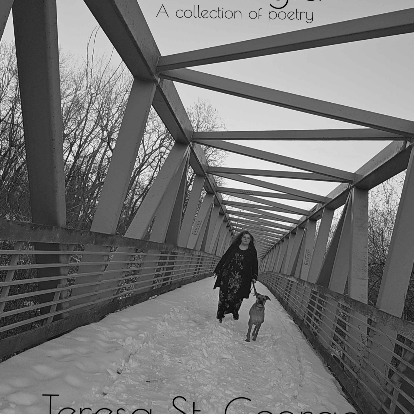 A woman walking her dog on a snow-covered bridge with metal railings and an overhead structure, over a background of leafless trees, in black and white.