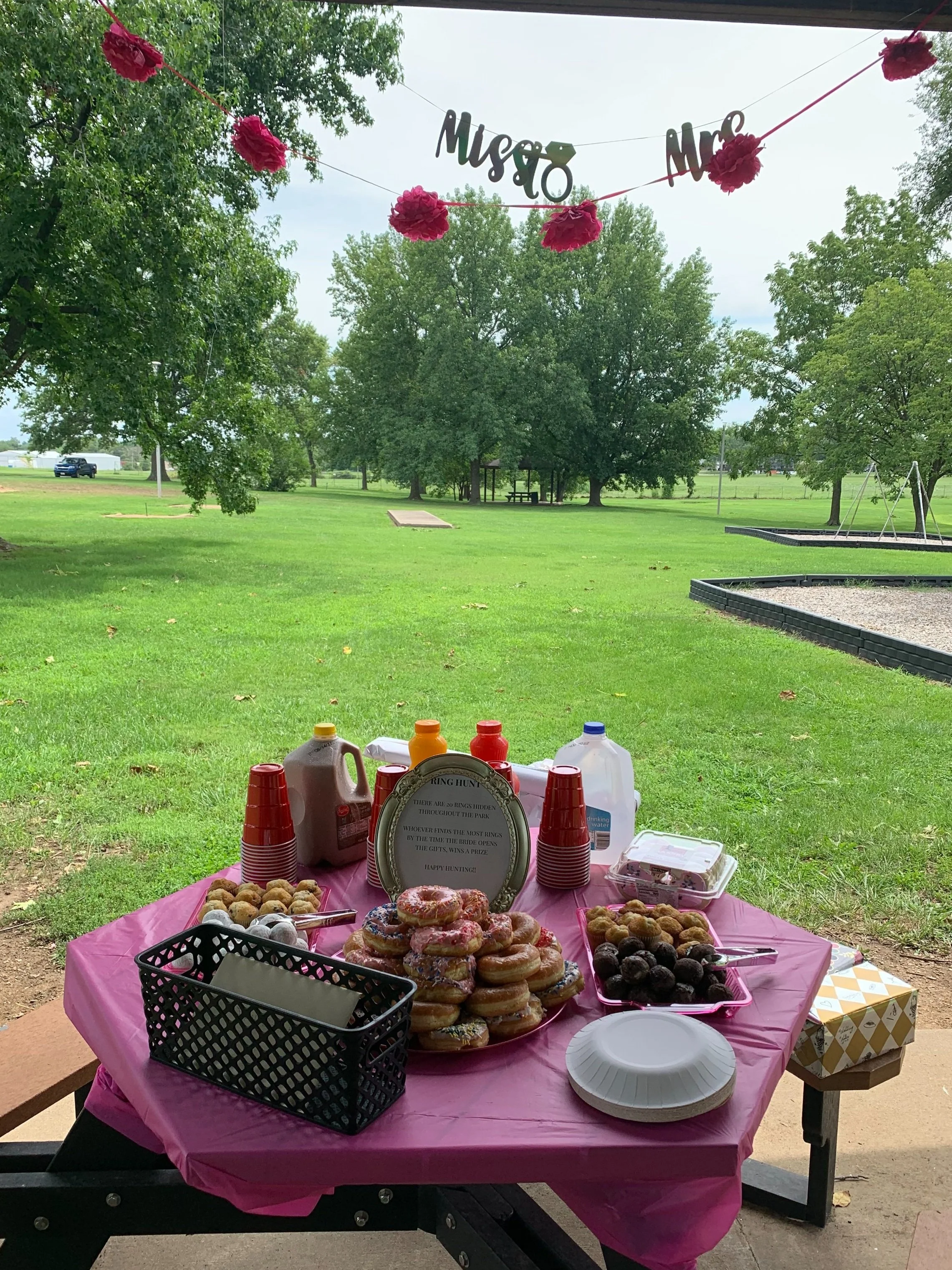 A table with donuts, cupcakes, and snacks at an outdoor party, with a pink tablecloth, surrounded by green grass and trees, and a banner that reads 'Misty Miss' hanging above.