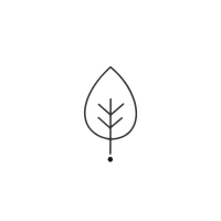 A minimalist line drawing of a leaf with small branches inside a teardrop shape.