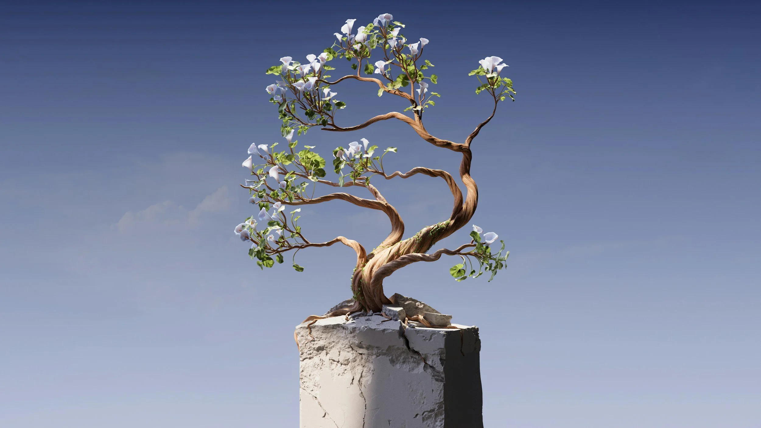 Un arbre stylisé avec des branches torsadées et des fleurs blanches pousse au sommet d'une pierre cassée, contre un ciel bleu clair.
