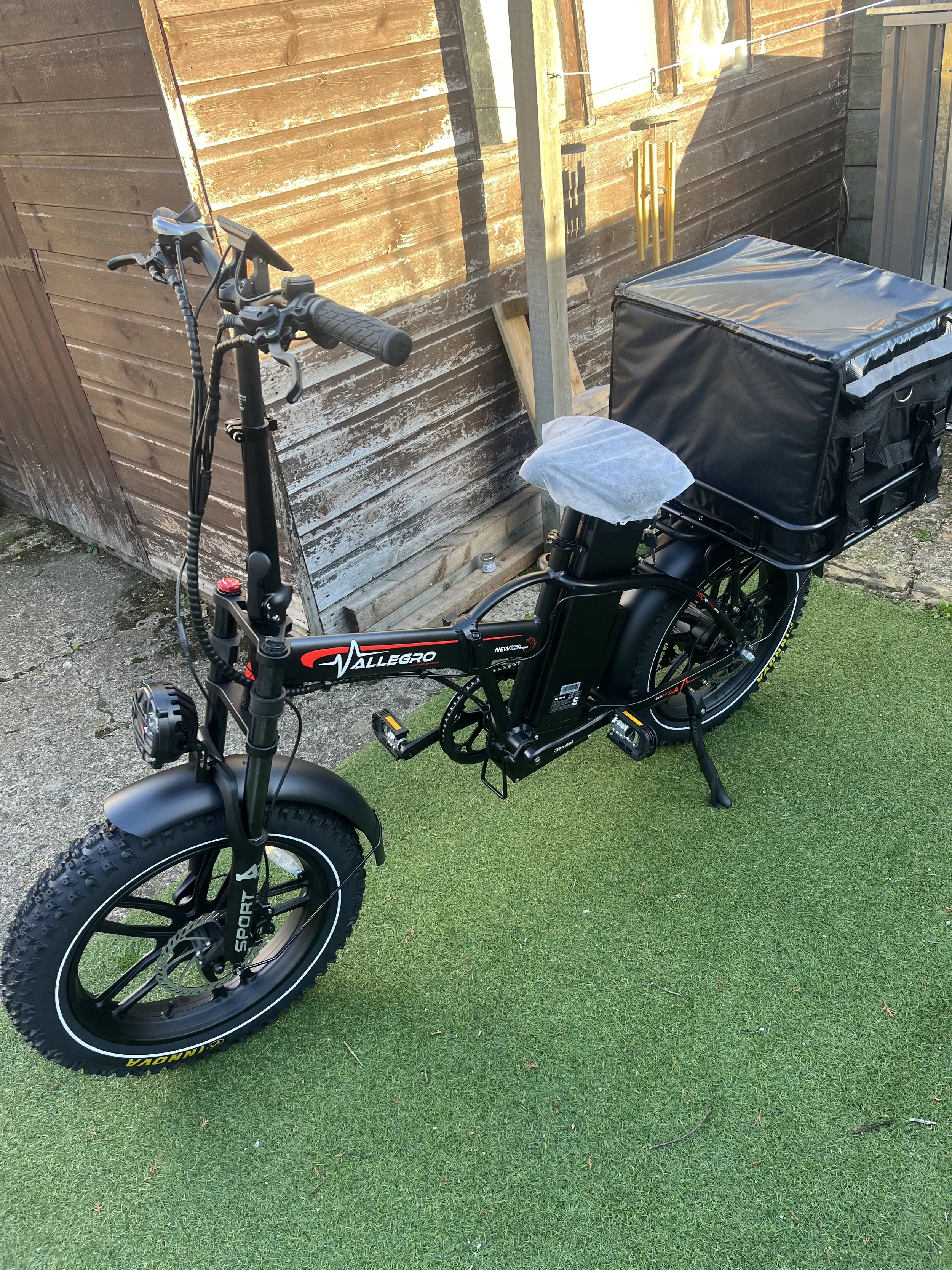Electric cargo bicycle with a large black storage box on the rear, parked on grass next to a wooden shed.