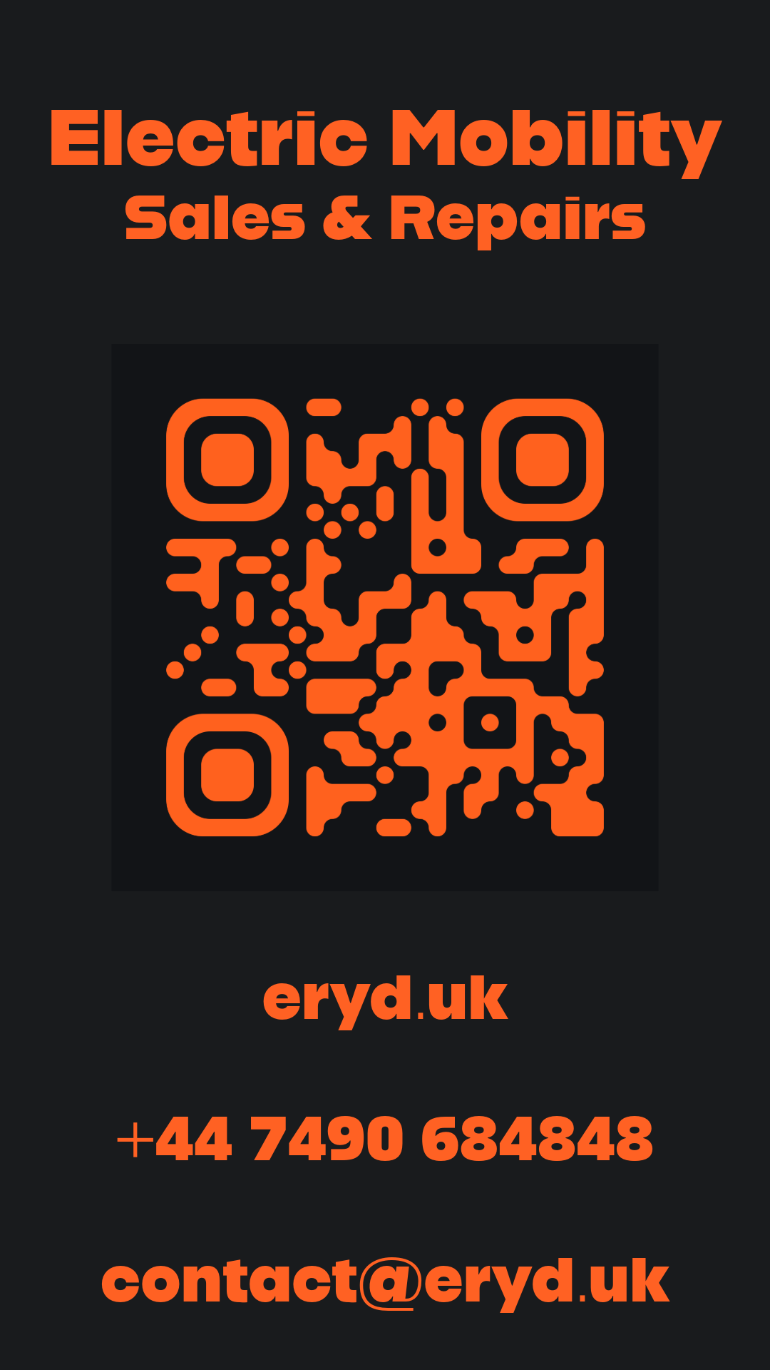 eRYD Business Card for Electric Bike and Electric Scooter Sales & Repairs with a QR code, website eryd.uk, phone number +44 7490 684848, and email contact@eryd.uk. Official contact points for eRYD e-bikes LTD. Selling all types of electric bikes.