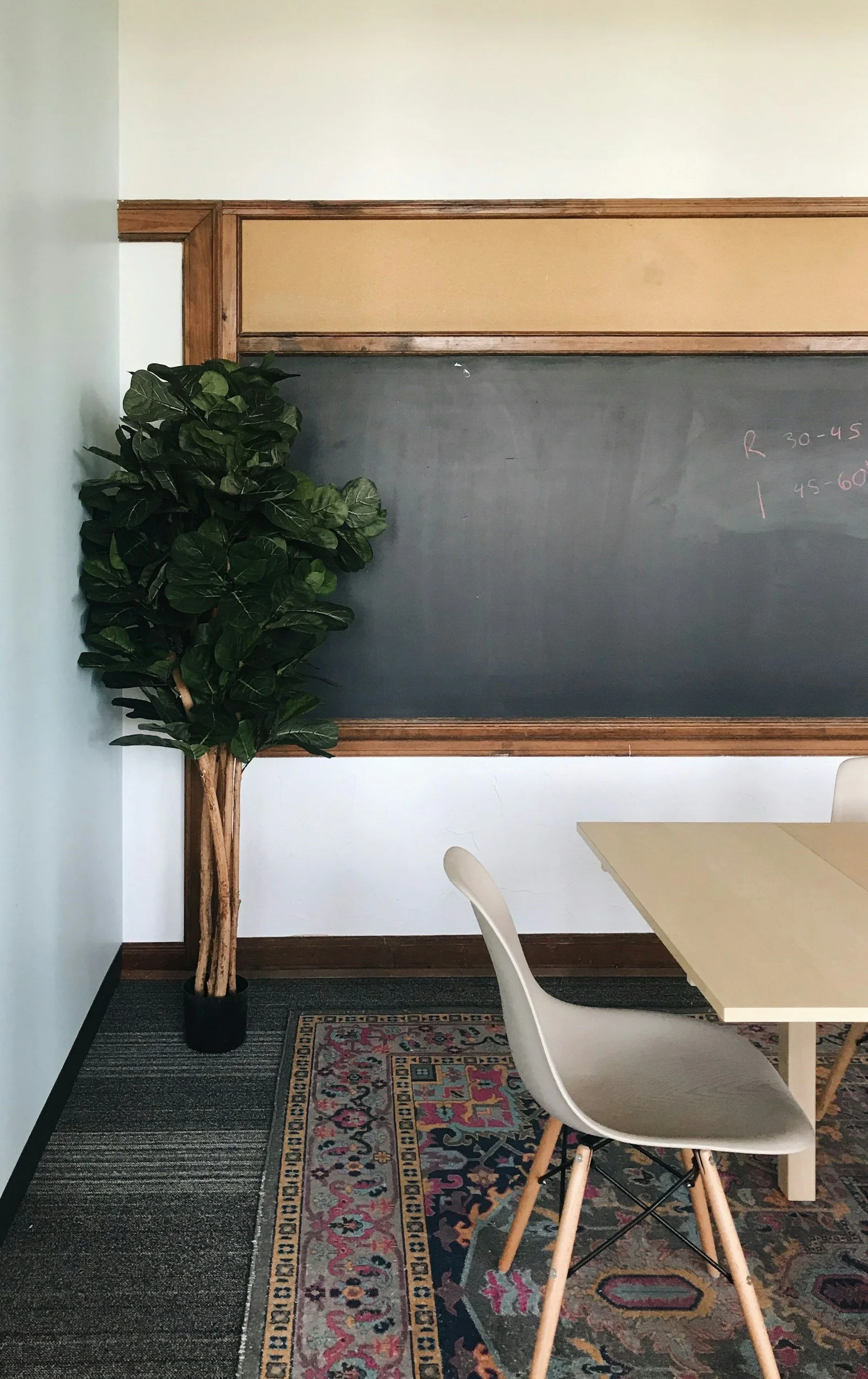 The edge of a conference room table and chair on a cozy rug with a plant in the corner. The back wall has a wood-trimmed black board on it.