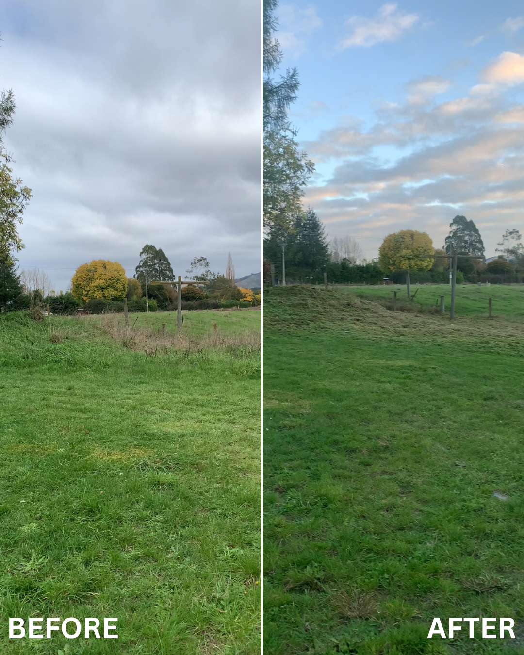 Comparison of a grassy field before and after mowing, with cloudy skies and scattered trees in the background.