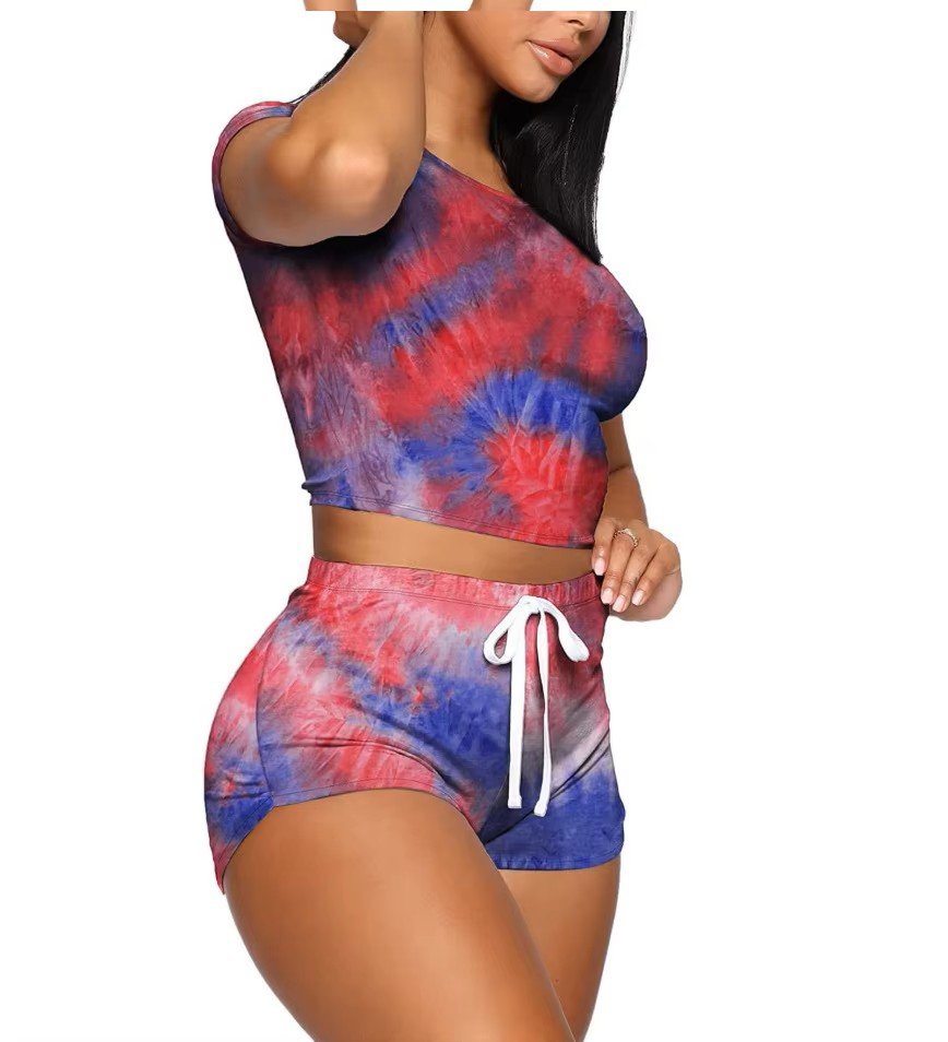 red and blue short sleeve crop top and shorts set