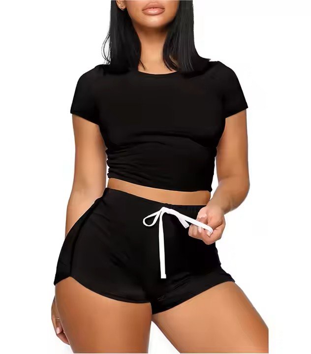 black short sleeve crop top and shorts set