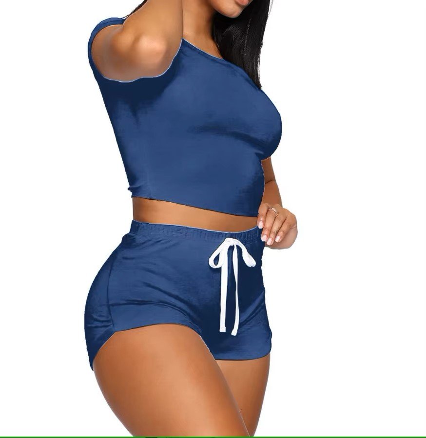 blue short sleeve crop top and shorts set