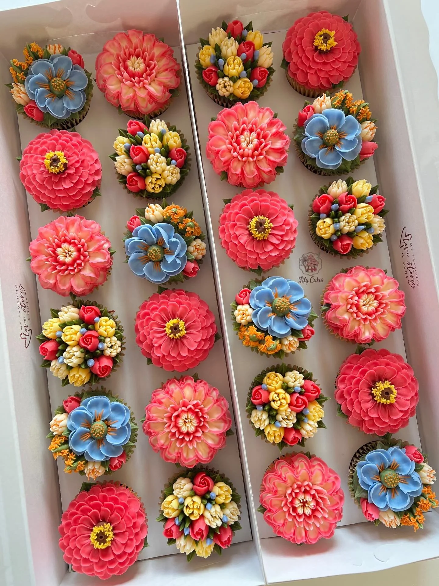 These beautiful boxes are part of an order of eight dozen cupcakes making up a garden of zinnias, lilies, and wildflowers&mdash;a charming buttercream flower arrangement for a wedding. 🌸🌷🌼💒

Lisa, I am deeply grateful for you and your order. It&r