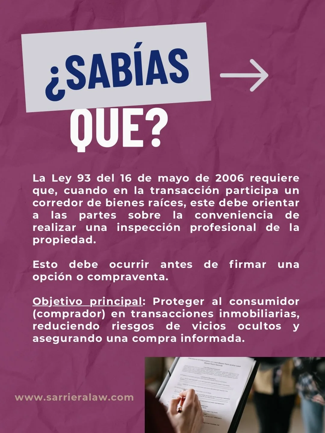 ⚠️ La compra de una propiedad puede ser la inversi&oacute;n m&aacute;s grande de tu vida.

No tomes esa decisi&oacute;n a ciegas.

⚖️ Orientarte antes de firmar puede ahorrarte tiempo, dinero y problemas legales.

📩 Sarriera Law

Pregunta r&aacute;p