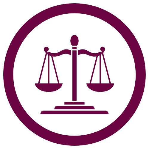 Icon of a balanced scale inside a circular border.