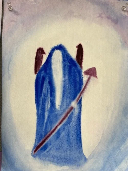 Painting of a blue sword with a brown arrow crossing in front of it, against a light background.