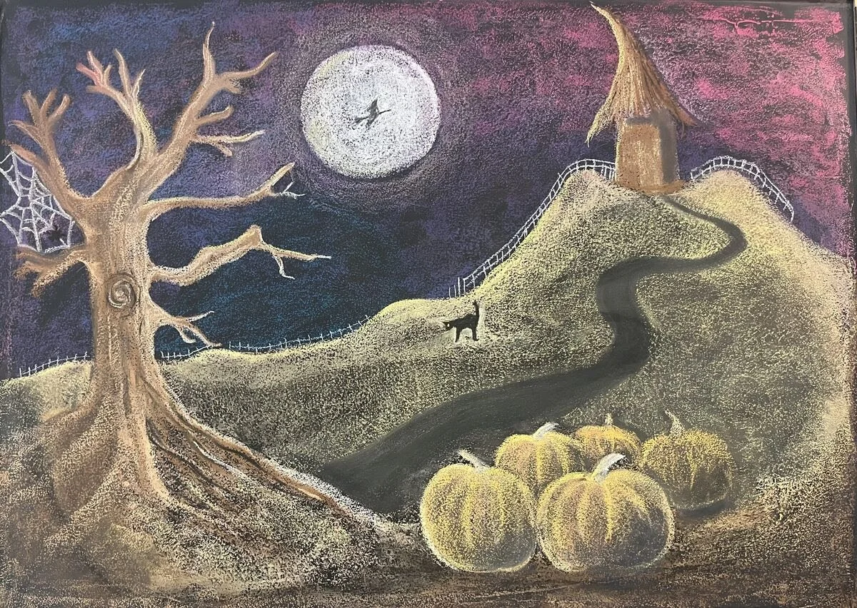 A chalk drawing of a Halloween scene featuring a pumpkin patch, a spooky tree with spider webs, a winding path leading to a haunted house on a hill, and a full moon in the dark sky with a bat flying in front of it.