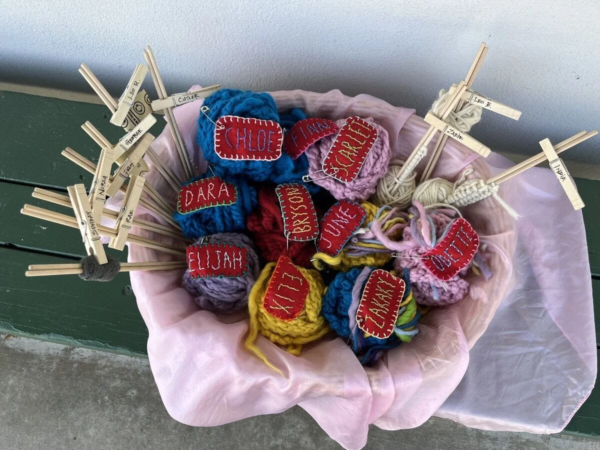 A basket filled with colorful yarn balls, each labeled with name tags, and surrounded by clothespins with names clipped onto sticks.
