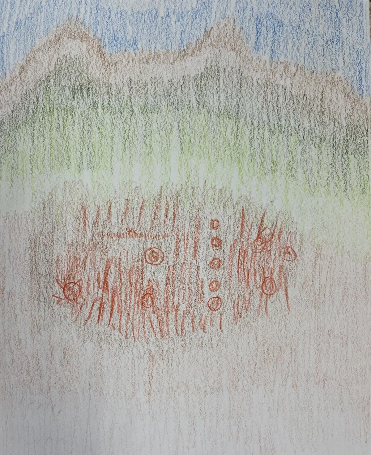 A child's drawing on paper showing trees, grass, and a row of red figures or objects with circles above their heads.