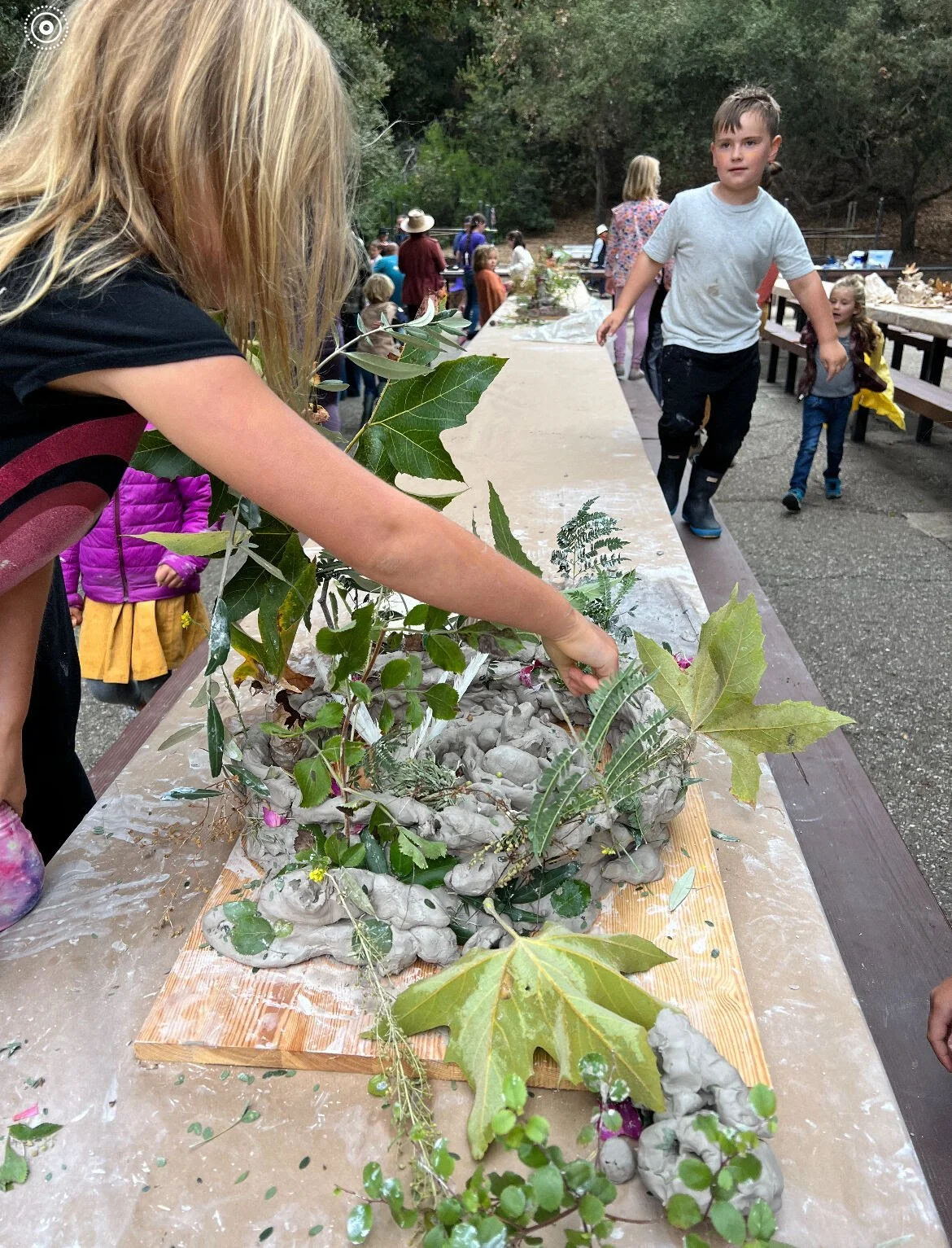 Child arranging natural objects like leaves and rocks on a table outdoors, children and adults in the background at an outdoor event.