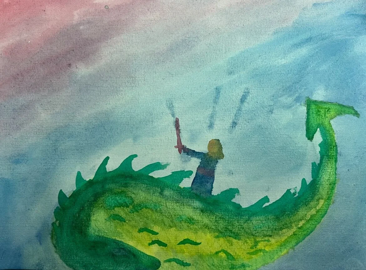 Drawing of a person on a green, dragon-like creature with an upward tail, holding a sword with a blue sky background.