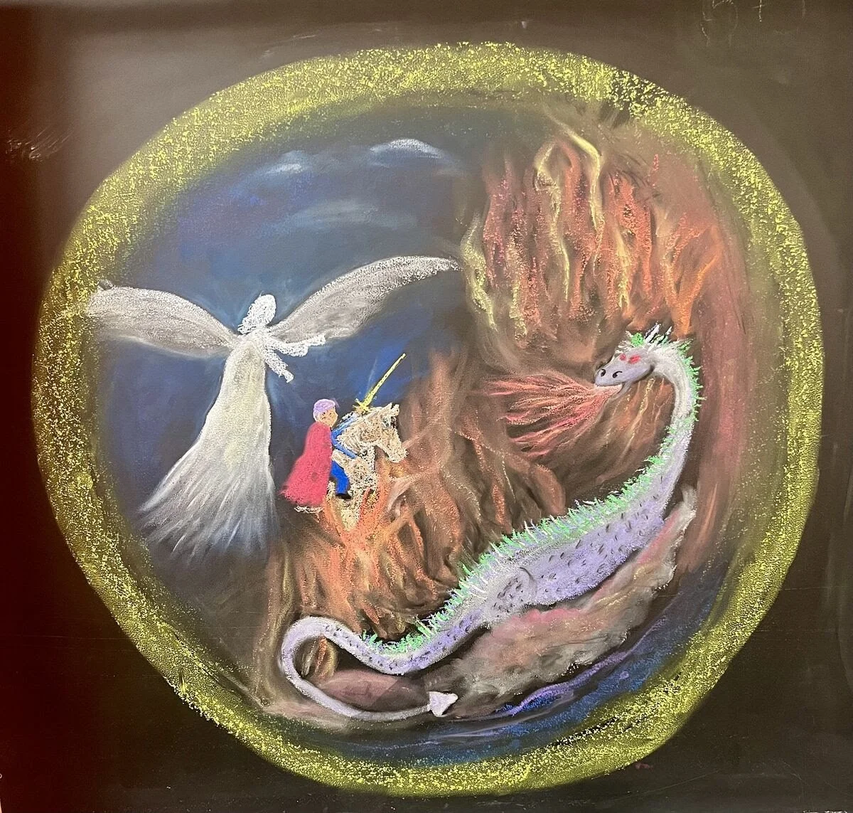 Chalk drawing of a fantasy scene featuring a large white dragon, a fairy with wings, a knight in armor with a sword, and a long pinkish-purple river dragon inside a circular frame decorated with gold.