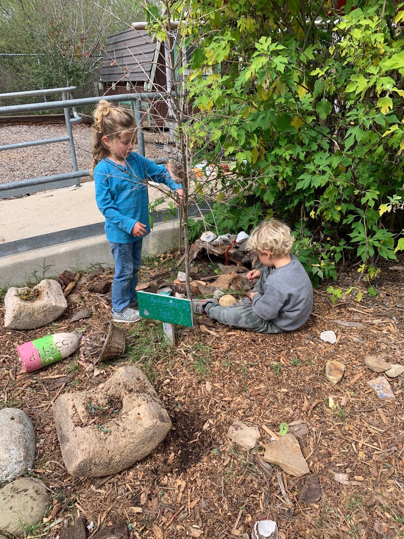 Two children, a girl with long hair in a blue shirt and a boy with curly blonde hair in a gray shirt, are gardening near a young tree. The girl is reaching towards the tree, and the boy is sitting on the ground, working with some rocks. There are var