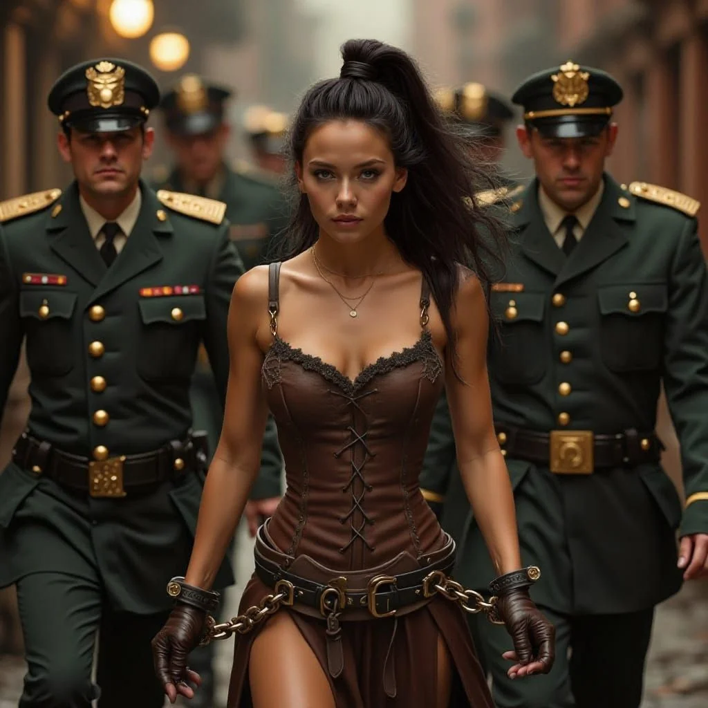They put her in chains. She is considered a real trophy. So the guards are quite numerous for "just a girl".