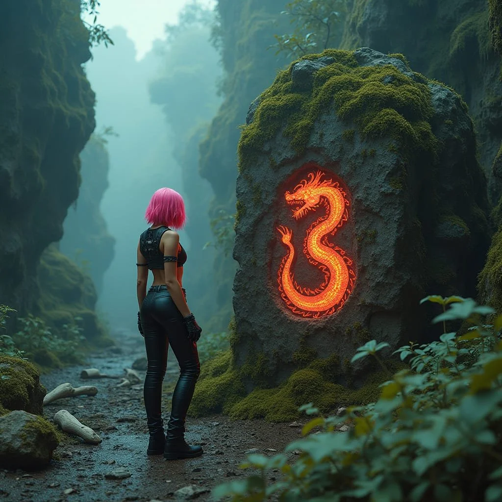Following a narrow path Malika stumbles upon a large rock with a bioluminescent symbol of a dragon.