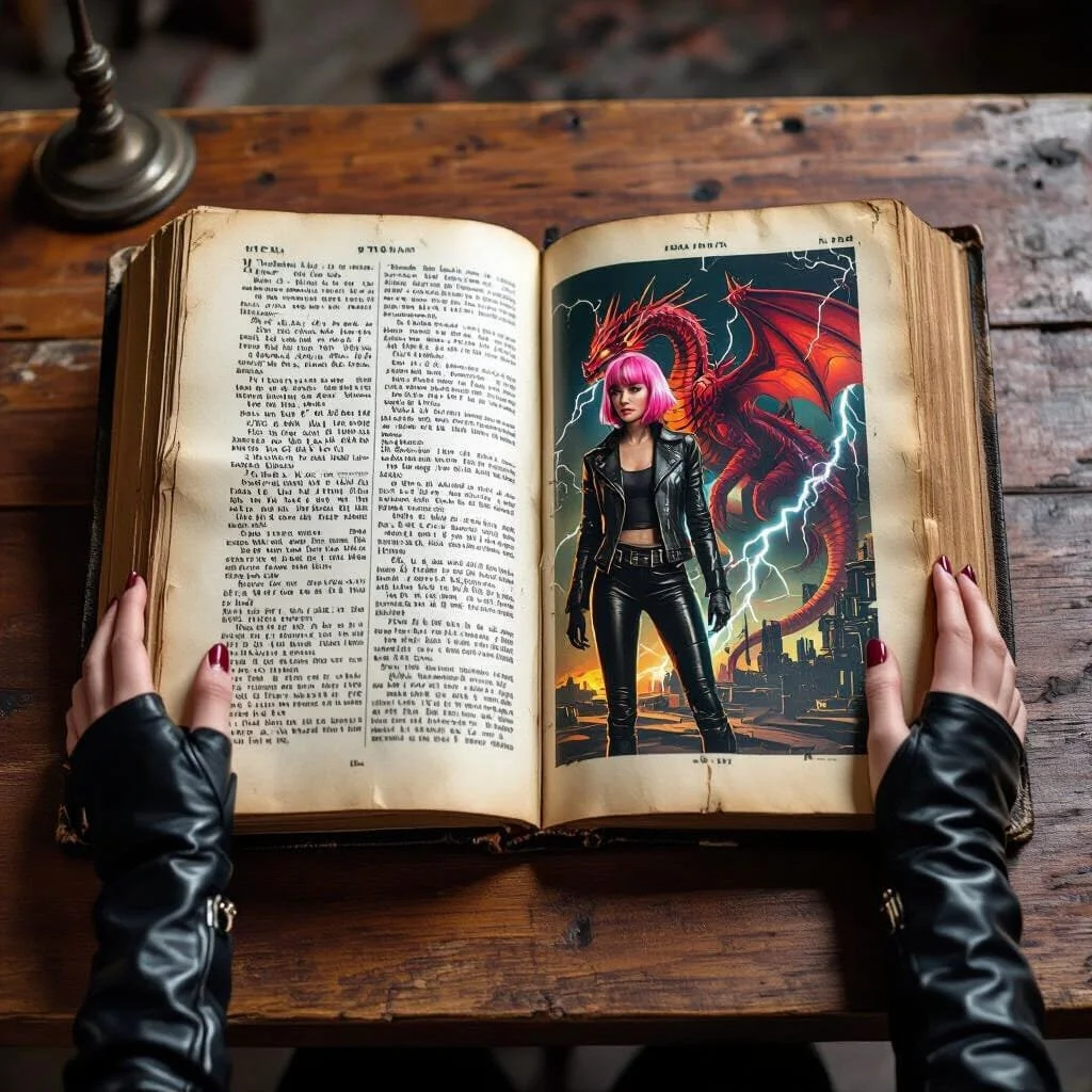 She turns the page and she sees her own image standing next to a red dragon...and flashes of lightning linking them both....the book talks about internalization between angels and dragons....