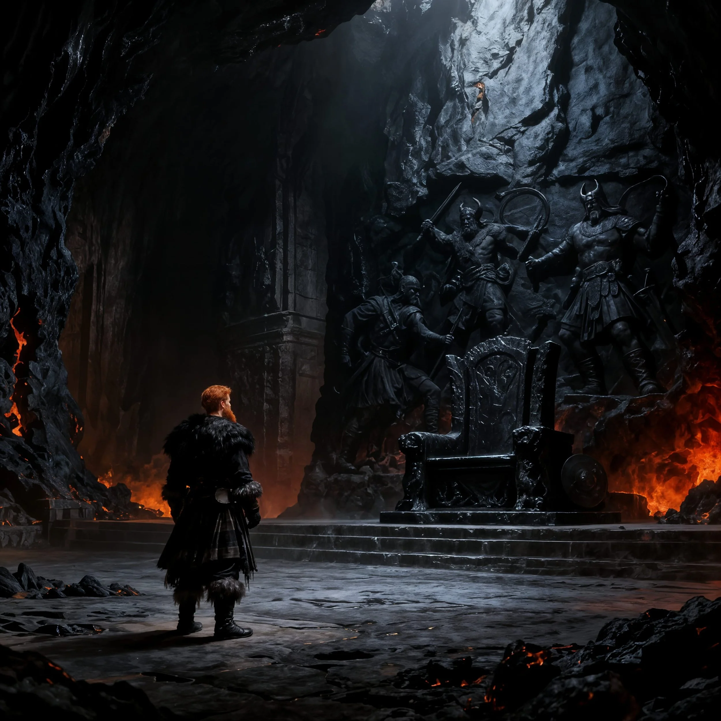 After several hours he reached a large open space which looked like an old throne room with a throne carved out of the lava stones and a relief behind it.