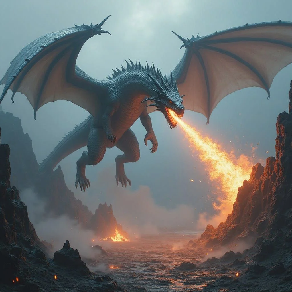 When the dragon enters the realm of the Angels he spits a large flame of fire to announce its arrival and challenge both Angels and dragons.
