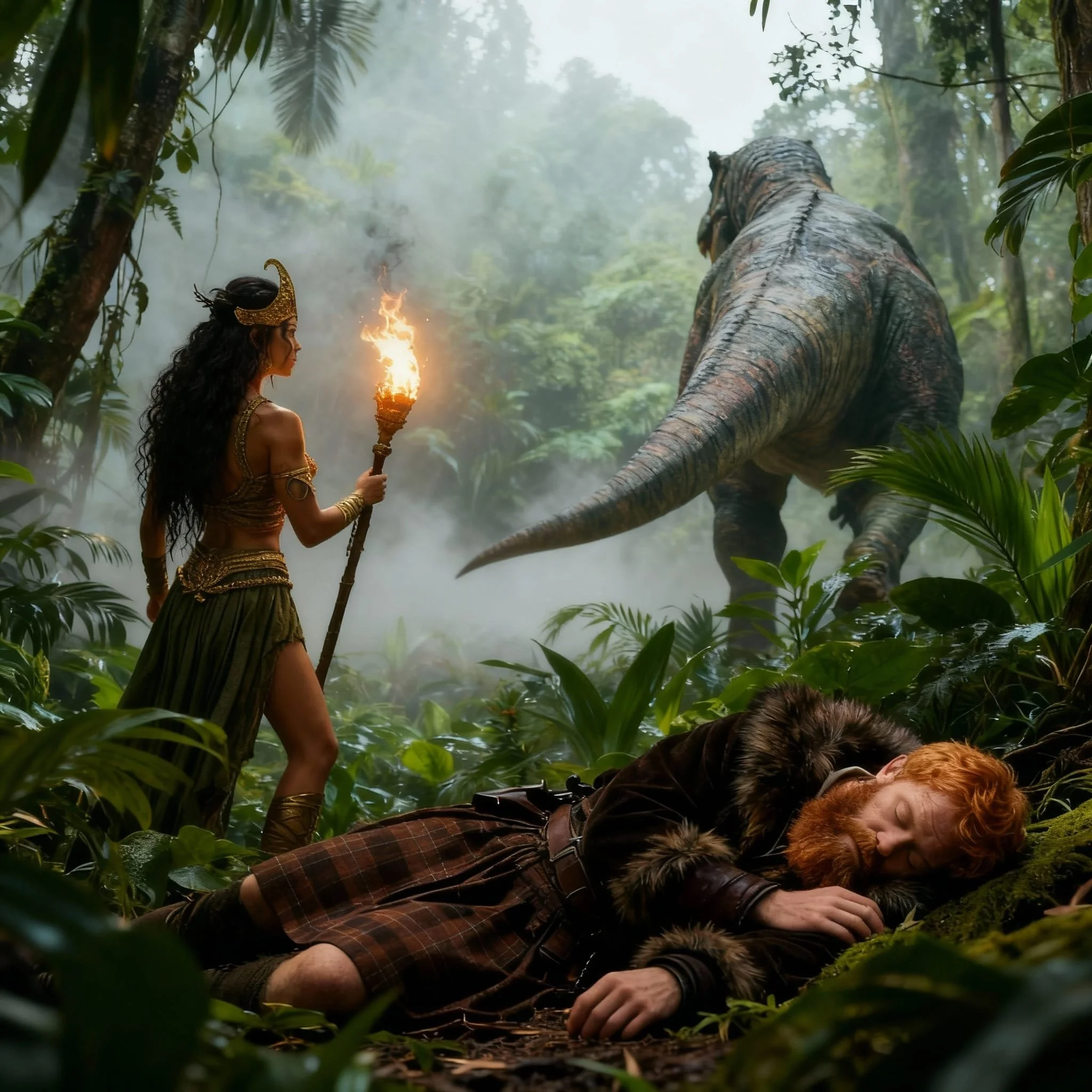 Being confronted with the fire on the torch, but most of all with something the amazon did with the beast's mind, made the giant carnivore decide that the risk was not worth the prey and made it turn around.