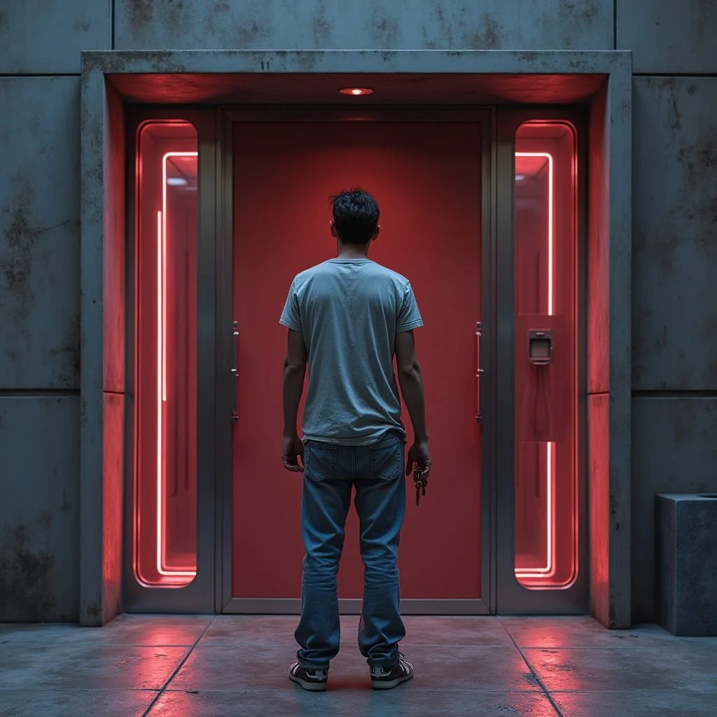 He takes the lift to the underground parking.