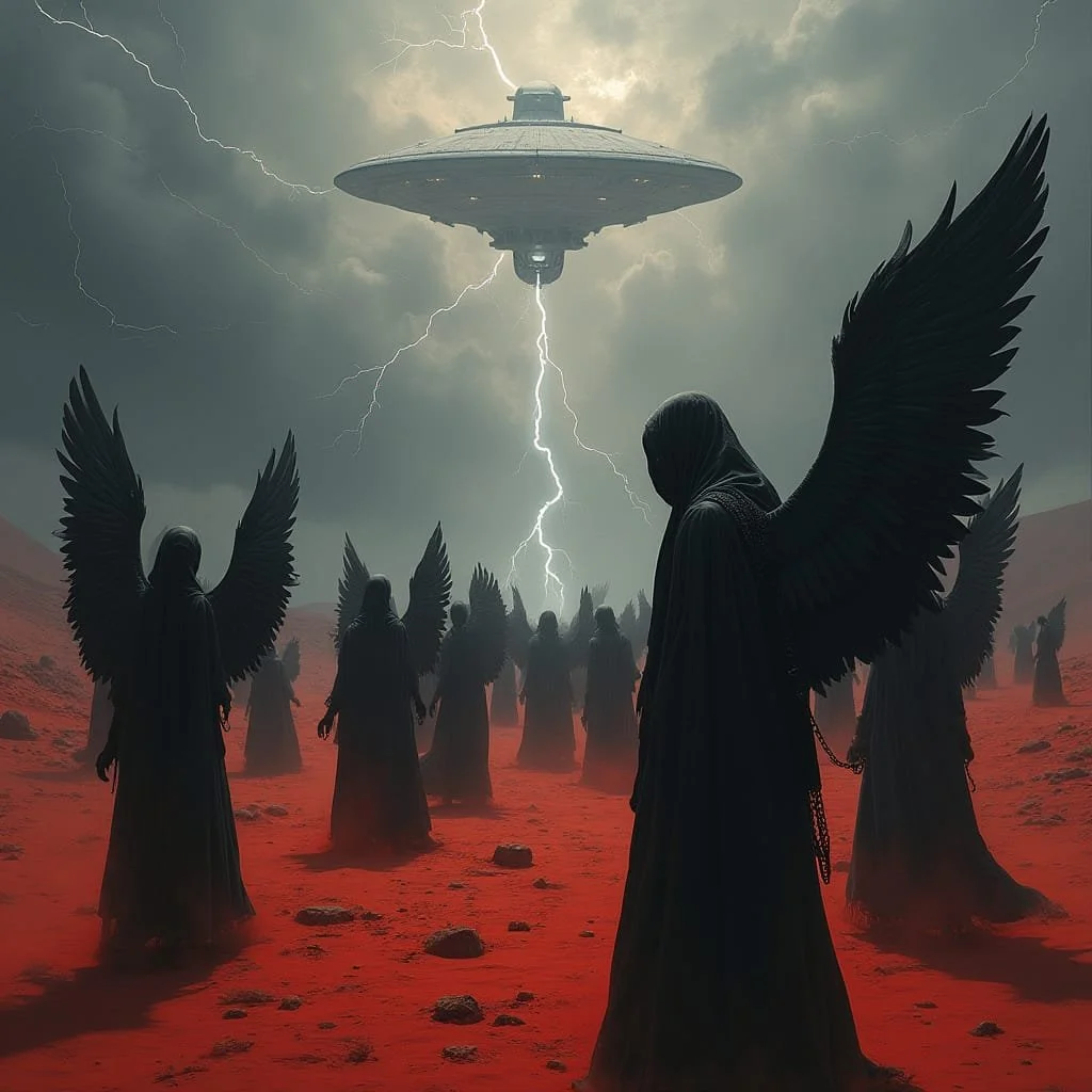 An airship throws down a lighting making a path for the Angels to follow.