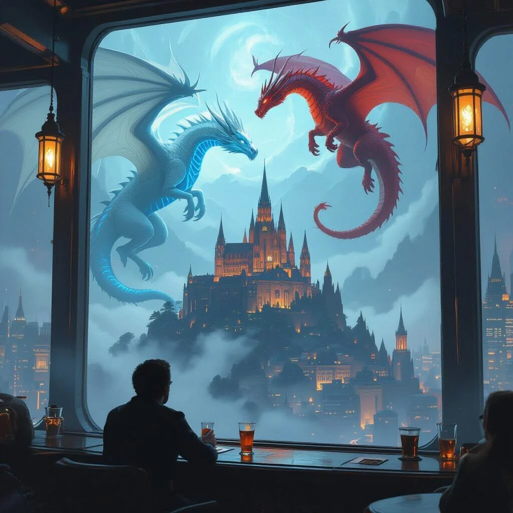 The fight takes place above a cathedral on a hill, and apart from the red dragon she is mesmerized by the white dragon.