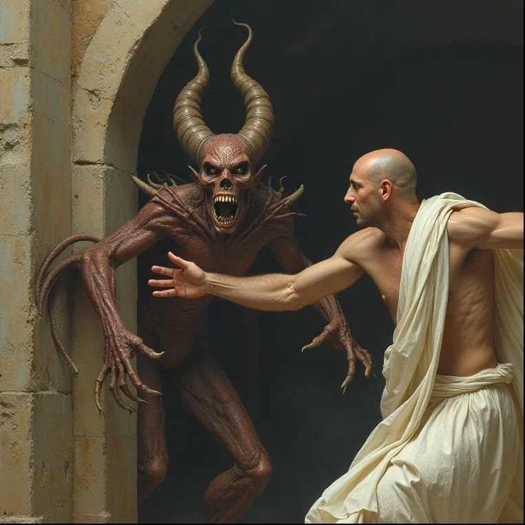 But when the man in the white toga approaches Mac and Zoroaster a creature with large horns jumps from behind a wall trying to attack the two visitors. "I said, be gone, or endure my wrath!!!" Hissing and growling the creature leaves the scene.
