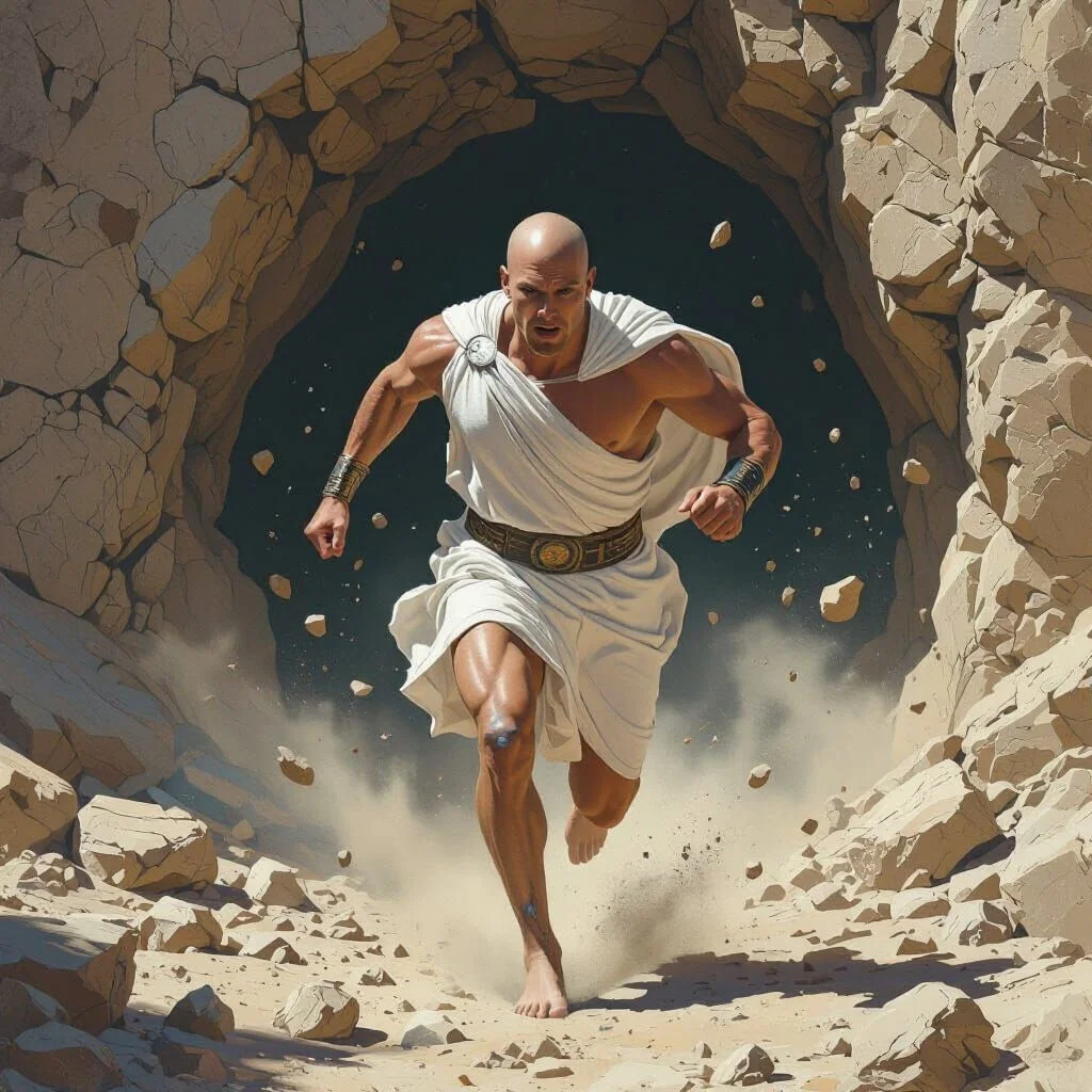 Agrippa understands that his life is in danger and runs out of the cave as fast as he can. Behind him he can hear the cave crumbling down.