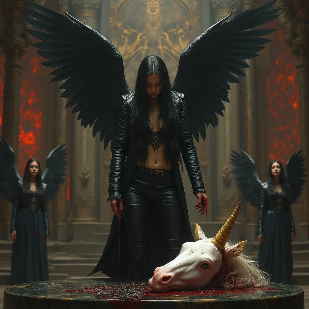 Ariel throws the severed head of the unicorn on the table of the throne room. A scream like from an animal is leaving her throat and can be heard throughout the citadel. In a fashion that is completely unlike Ariel she cries out: "Horror has caught u